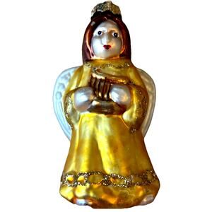 HAND BLOWN MERCURY STYLE GLASS GOLD ANGEL CHRISTMAS TREE ORNAMENT Playing HARP